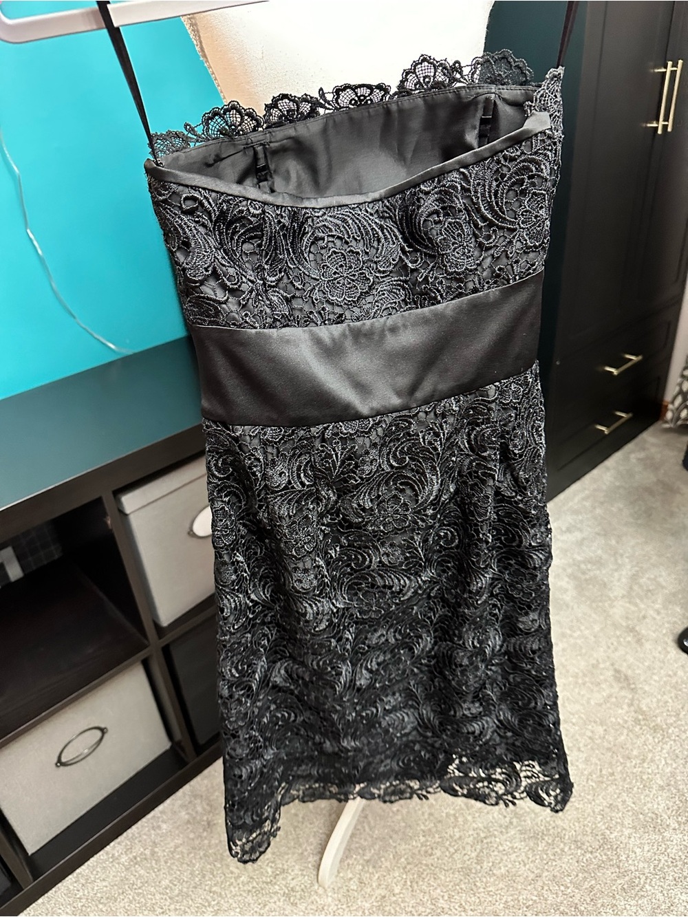 White House Black Market Black Strapless Lace Cocktail Dress with Satin Bow - Picture 3 of 3
